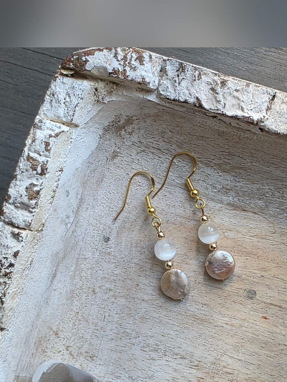 NEW Gold Pearl Drop Earrings | Selenite and Baroque Round Freshwater Pearl
